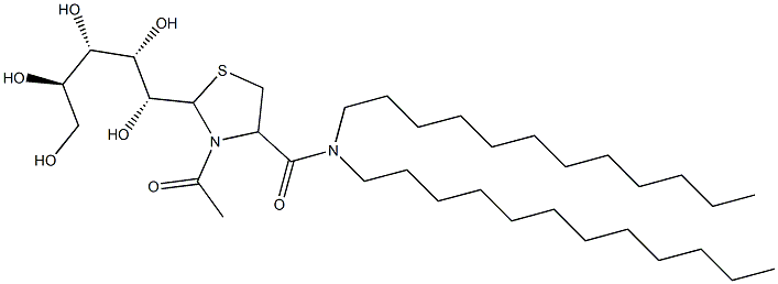 3-Acetyl-N,N-didodecyl-2-[(1R,2S,3S,4R)-1,2,3,4,5-pentahydroxypentyl]thiazolidine-4-carboxamide 结构式
