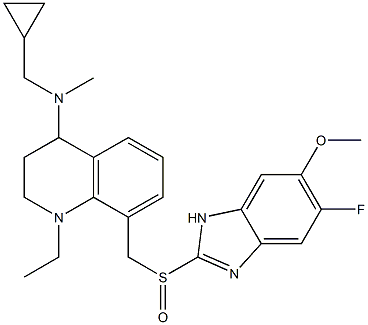 1-Ethyl-1,2,3,4-tetrahydro-4-[N-methyl(cyclopropylmethyl)amino]-8-(5-fluoro-6-methoxy-1H-benzimidazol-2-ylsulfinylmethyl)quinoline 结构式