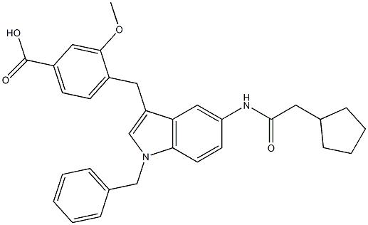 4-[5-Cyclopentylacetylamino-1-benzyl-1H-indol-3-ylmethyl]-3-methoxybenzoic acid 结构式