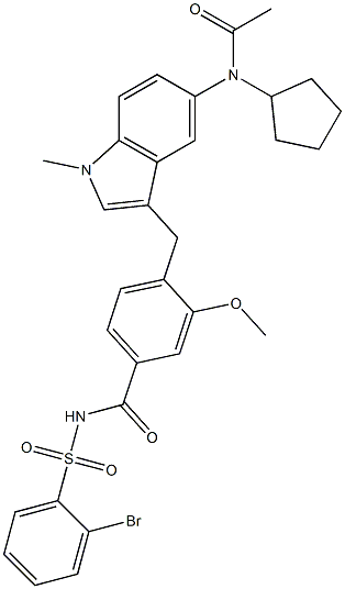 4-[5-(Cyclopentylacetylamino)-1-methyl-1H-indol-3-ylmethyl]-3-methoxy-N-(2-bromophenylsulfonyl)benzamide 结构式