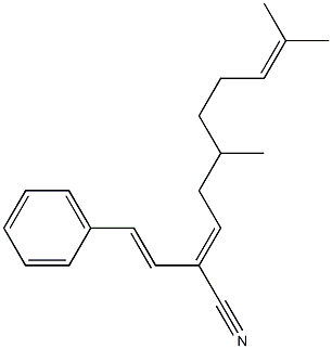 5,9-Dimethyl-2-[(E)-2-phenylethenyl]-2,8-decadienenitrile 结构式