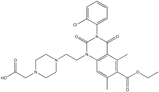 1,2,3,4-Tetrahydro-3-(2-chlorophenyl)-1-[2-(4-hydroxycarbonylmethyl-1-piperazinyl)ethyl]-5,7-dimethyl-2,4-dioxoquinazoline-6-carboxylic acid ethyl ester 结构式