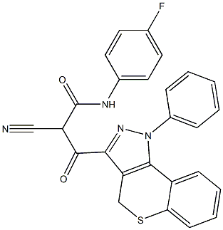 N-(4-Fluorophenyl)-3-[[1-phenyl-1,4-dihydro-[1]benzothiopyrano[4,3-c]pyrazol]-3-yl]-2-cyano-3-oxopropanamide 结构式