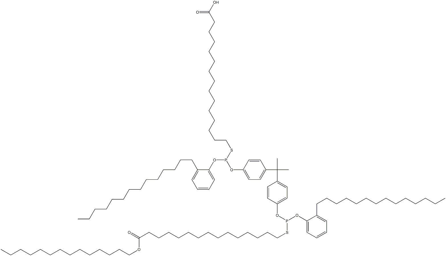 15,15'-[[Isopropylidenebis(4,1-phenyleneoxy)]bis[[(2-tetradecylphenyl)oxy]phosphinediylthio]]bis(pentadecanoic acid tetradecyl) ester 结构式