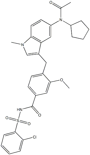 4-[5-(Cyclopentylacetylamino)-1-methyl-1H-indol-3-ylmethyl]-3-methoxy-N-(2-chlorophenylsulfonyl)benzamide 结构式
