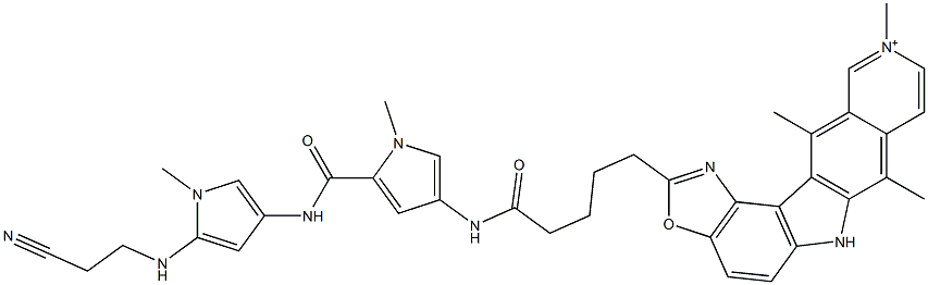 7,10,12-Trimethyl-2-[4-[[5-[[1-methyl-5-[(2-cyanoethyl)amino]-1H-pyrrol-3-yl]aminocarbonyl]-1-methyl-1H-pyrrol-3-yl]aminocarbonyl]butyl]-6H-oxazolo[4,5-g]pyrido[4,3-b]carbazol-10-ium 结构式