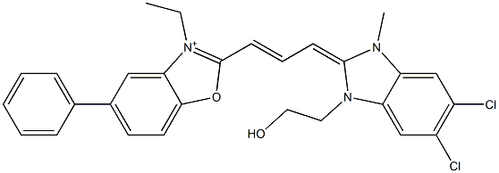 2-[3-[[5,6-Dichloro-1,3-dihydro-1-(2-hydroxyethyl)-3-methyl-2H-benzimidazol]-2-ylidene]-1-propenyl]-3-ethyl-5-phenylbenzoxazol-3-ium 结构式