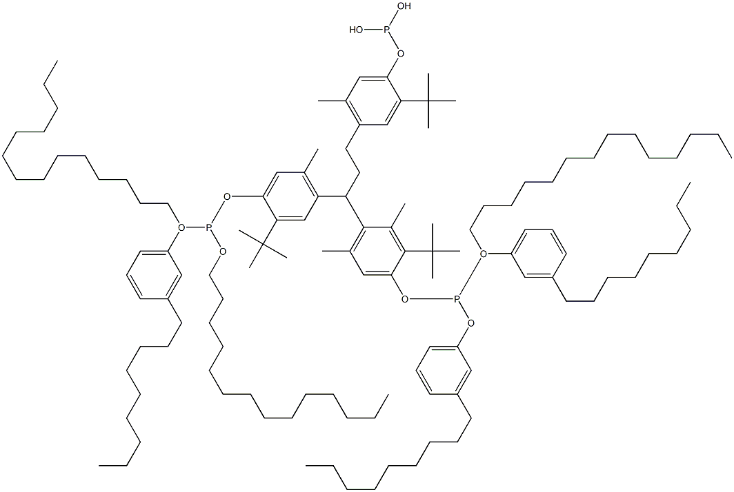 [3-Methyl-1,1,3-propanetriyltris(2-tert-butyl-5-methyl-4,1-phenyleneoxy)]tris(phosphonous acid)O,O',O''-tritetradecyl O,O',O''-tris(3-nonylphenyl) ester 结构式