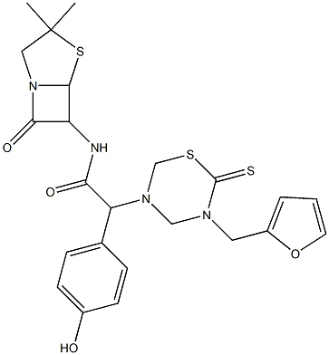 7-Oxo-3,3-dimethyl-6-[[[(tetrahydro-2-thioxo-3-(2-furanylmethyl)-2H-1,3,5-thiadiazin)-5-yl](4-hydroxyphenyl)acetyl]amino]-4-thia-1-azabicyclo[3.2.0]heptane 结构式