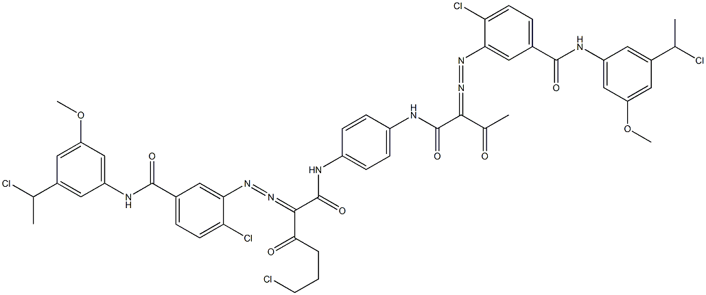 3,3'-[2-(2-Chloroethyl)-1,4-phenylenebis[iminocarbonyl(acetylmethylene)azo]]bis[N-[3-(1-chloroethyl)-5-methoxyphenyl]-4-chlorobenzamide] 结构式