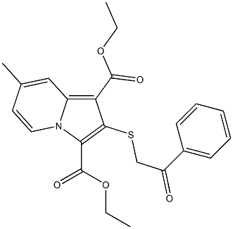 2-(2-Phenyl-2-oxoethylthio)-7-methylindolizine-1,3-dicarboxylic acid diethyl ester 结构式
