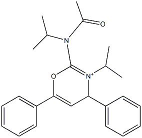 3-Isopropyl-2-[isopropyl(acetyl)amino]-4,6-diphenyl-4H-1,3-oxazin-3-ium 结构式