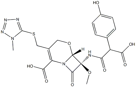 (6R,7R)-7-[2-Carboxy-2-(p-hydroxyphenyl)acetylamino]-7-methoxy-3-(1-methyl-1H-tetrazol-5-ylthiomethyl)-8-oxo-5-oxa-1-azabicyclo[4.2.0]oct-2-ene-2-carboxylic acid 结构式