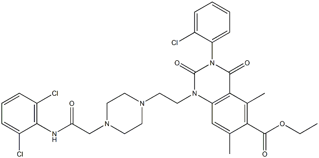 1,2,3,4-Tetrahydro-3-(2-chlorophenyl)-1-[2-[4-(2,6-dichlorophenylaminocarbonylmethyl)-1-piperazinyl]ethyl]-5,7-dimethyl-2,4-dioxoquinazoline-6-carboxylic acid ethyl ester 结构式