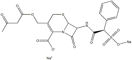 8-Oxo-3-(3-oxobutyryloxymethyl)-7-[[(2R)-2-phenyl-2-(sodiooxysulfonyl)acetyl]amino]-5-thia-1-azabicyclo[4.2.0]oct-2-ene-2-carboxylic acid sodium salt 结构式