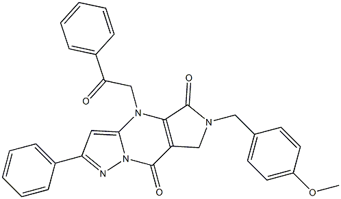 6,7-Dihydro-6-(4-methoxybenzyl)-4-(2-oxo-2-phenylethyl)-2-phenyl-4H-1,4,6,8a-tetraaza-s-indacene-5,8-dione 结构式