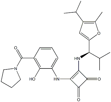 (R)-3-((2-hydroxy-3-(pyrrolidine-1-carbonyl)
phenyl)amino)-4-((1-(4-isopropyl-5-methyl
furan-2-yl)-2-methylpropyl)amino)cyclobut
-3-ene-1,2-dione 结构式