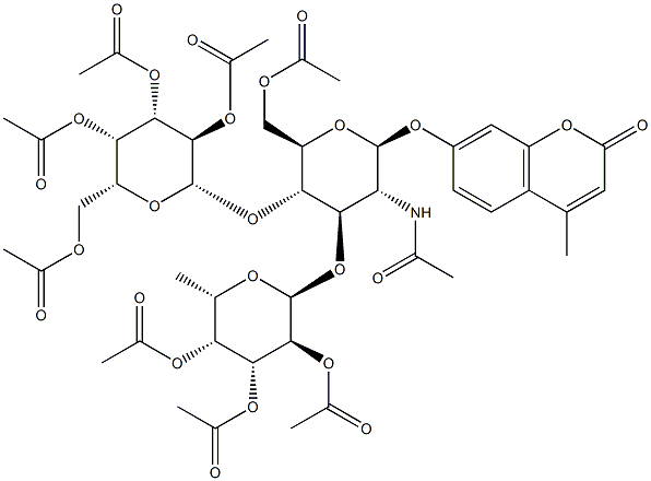 4-Methylumbelliferyl2-acetamido-3-O-(2,3,4-tri-O-acetyl-a-L-fucopyranosyl)-4-O-(2,3,4,6-tetra-O-acetyl-b-D-galactopyranosyl)-6-O-acetyl-2-deoxy-b-D-glucopyranoside 结构式