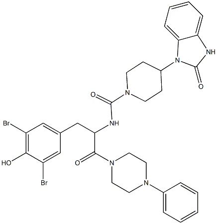 4-(2-oxo-2,3-dihydrobenzimidazol-1-yl)piperidine-1-carboxylic acid (1-(3,5-dibromo-4-hydroxybenzyl)-2-oxo-2-(4-phenylpiperazin-1-yl)ethyl)amide 结构式