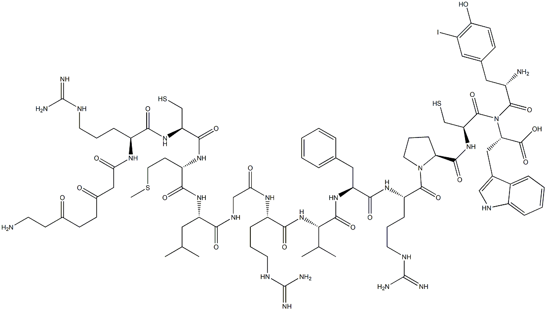 3-iodotyrosyl-8-amino-3,6-dioxyoctanoyl-arginyl-cysteinyl-methionyl-leucyl-glycyl-arginyl-valyl-phenylalanyl-arginyl-prolyl-cysteinyltryptophan 结构式