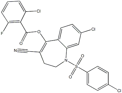 8-chloro-1-[(4-chlorophenyl)sulfonyl]-4-cyano-2,3-dihydro-1H-1-benzazepin-5-yl 2-chloro-6-fluorobenzoate 结构式