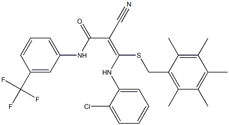 N1-[3-(trifluoromethyl)phenyl]-3-(2-chloroanilino)-2-cyano-3-[(2,3,4,5,6-pentamethylbenzyl)thio]acrylamide 结构式