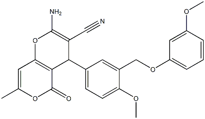 2-amino-4-{4-methoxy-3-[(3-methoxyphenoxy)methyl]phenyl}-7-methyl-5-oxo-4H,5H-pyrano[4,3-b]pyran-3-carbonitrile 结构式