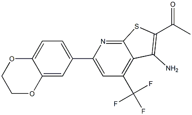 1-[3-amino-6-(2,3-dihydro-1,4-benzodioxin-6-yl)-4-(trifluoromethyl)thieno[2,3-b]pyridin-2-yl]-1-ethanone 结构式