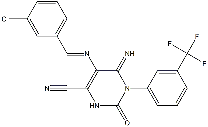 5-{[(E)-(3-chlorophenyl)methylidene]amino}-6-imino-2-oxo-1-[3-(trifluoromethyl)phenyl]-1,2,3,6-tetrahydro-4-pyrimidinecarbonitrile 结构式