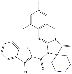 (3-chlorobenzo[b]thiophen-2-yl)[2-(mesitylimino)-4-methylidene-3-thia-1-azaspiro[4.5]dec-1-yl]methanone 结构式