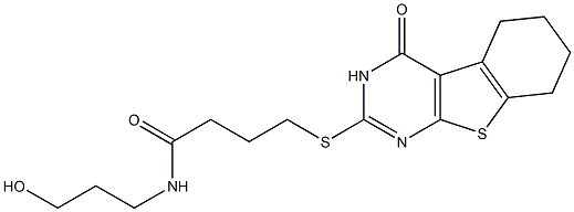 N-(3-hydroxypropyl)-4-[(4-oxo-3,4,5,6,7,8-hexahydro[1]benzothieno[2,3-d]pyrimidin-2-yl)sulfanyl]butanamide 结构式