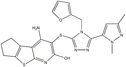 4-amino-3-{[5-(1,3-dimethyl-1H-pyrazol-5-yl)-4-(2-furylmethyl)-4H-1,2,4-triazol-3-yl]sulfanyl}-6,7-dihydro-5H-cyclopenta[4,5]thieno[2,3-b]pyridin-2-ol 结构式