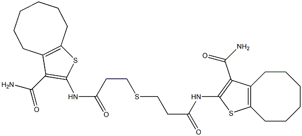2-({3-[(3-{[3-(aminocarbonyl)-4,5,6,7,8,9-hexahydrocycloocta[b]thien-2-yl]amino}-3-oxopropyl)sulfanyl]propanoyl}amino)-4,5,6,7,8,9-hexahydrocycloocta[b]thiophene-3-carboxamide 结构式