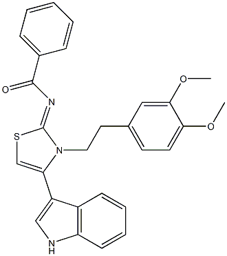 N-(3-[2-(3,4-dimethoxyphenyl)ethyl]-4-(1H-indol-3-yl)-1,3-thiazol-2(3H)-ylidene)benzamide 结构式