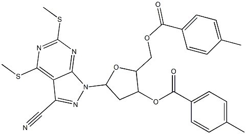 5-[3-cyano-4,6-bis(methylsulfanyl)-1H-pyrazolo[3,4-d]pyrimidin-1-yl]-2-{[(4-methylbenzoyl)oxy]methyl}tetrahydro-3-furanyl 4-methylbenzoate 结构式