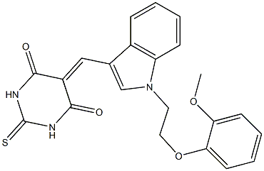 5-({1-[2-(2-methoxyphenoxy)ethyl]-1H-indol-3-yl}methylene)-2-thioxodihydro-4,6(1H,5H)-pyrimidinedione 结构式