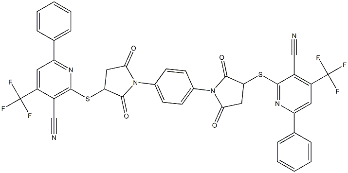 2-({1-[4-(3-{[3-cyano-6-phenyl-4-(trifluoromethyl)-2-pyridinyl]sulfanyl}-2,5-dioxo-1-pyrrolidinyl)phenyl]-2,5-dioxo-3-pyrrolidinyl}sulfanyl)-6-phenyl-4-(trifluoromethyl)nicotinonitrile 结构式