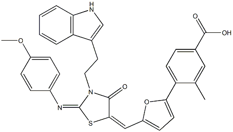 4-[5-({3-[2-(1H-indol-3-yl)ethyl]-2-[(4-methoxyphenyl)imino]-4-oxo-1,3-thiazolidin-5-ylidene}methyl)-2-furyl]-3-methylbenzoic acid 结构式