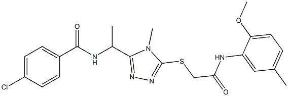 4-chloro-N-[1-(5-{[2-(2-methoxy-5-methylanilino)-2-oxoethyl]sulfanyl}-4-methyl-4H-1,2,4-triazol-3-yl)ethyl]benzamide 结构式