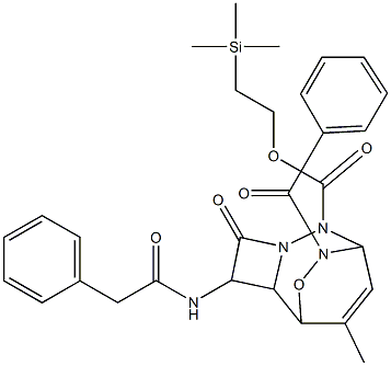 2-(trimethylsilyl)ethyl 8-benzoyl-10-methyl-4-oxo-3-[(phenylacetyl)amino]-9-oxa-5,6,8-triazatricyclo[5.2.2.0~2,5~]undec-10-ene-6-carboxylate 结构式