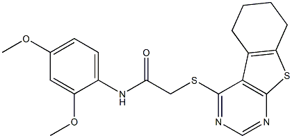 N-[2,4-bis(methyloxy)phenyl]-2-(5,6,7,8-tetrahydro[1]benzothieno[2,3-d]pyrimidin-4-ylsulfanyl)acetamide 结构式