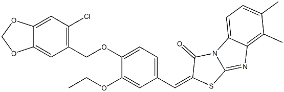 2-{4-[(6-chloro-1,3-benzodioxol-5-yl)methoxy]-3-ethoxybenzylidene}-7,8-dimethyl[1,3]thiazolo[3,2-a]benzimidazol-3(2H)-one 结构式