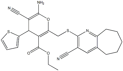 ethyl 6-amino-5-cyano-2-{[(3-cyano-6,7,8,9-tetrahydro-5H-cyclohepta[b]pyridin-2-yl)sulfanyl]methyl}-4-(2-thienyl)-4H-pyran-3-carboxylate 结构式