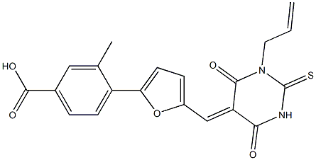 4-{5-[(1-allyl-4,6-dioxo-2-thioxotetrahydro-5(2H)-pyrimidinylidene)methyl]-2-furyl}-3-methylbenzoic acid 结构式