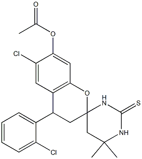 7-(acetyloxy)-6-chloro-6',6'-dimethyl-4-(2-chlorophenyl)-2'-thioxospiro[chromane-2,4-hexahydropyrimidine] 结构式