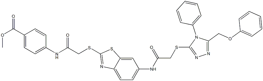 methyl 4-{[({6-[({[5-(phenoxymethyl)-4-phenyl-4H-1,2,4-triazol-3-yl]sulfanyl}acetyl)amino]-1,3-benzothiazol-2-yl}sulfanyl)acetyl]amino}benzoate 结构式