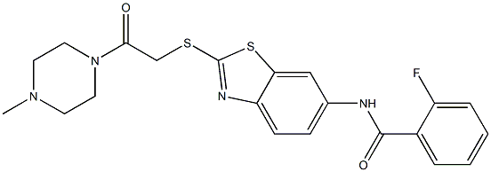 2-fluoro-N-(2-{[2-(4-methyl-1-piperazinyl)-2-oxoethyl]sulfanyl}-1,3-benzothiazol-6-yl)benzamide 结构式