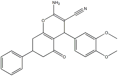 2-amino-4-(3,4-dimethoxyphenyl)-5-oxo-7-phenyl-5,6,7,8-tetrahydro-4H-chromene-3-carbonitrile 结构式