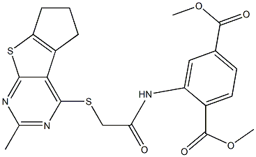 dimethyl 2-({[(2-methyl-6,7-dihydro-5H-cyclopenta[4,5]thieno[2,3-d]pyrimidin-4-yl)sulfanyl]acetyl}amino)terephthalate 结构式