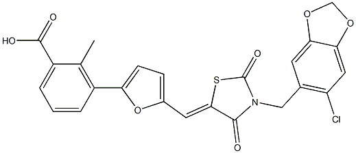 3-[5-({3-[(6-chloro-1,3-benzodioxol-5-yl)methyl]-2,4-dioxo-1,3-thiazolidin-5-ylidene}methyl)-2-furyl]-2-methylbenzoic acid 结构式